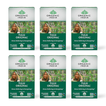ORGANIC INDIA Tulsi Moringa Tea Bags - Holy Basil, Lemongrass, Moringa Leaves, Stress Relieving & Nourishing, Immune Support Tea, Vegan, Certified Organic, Caffeine-Free - 18 Infusion Bags, 6 Pack