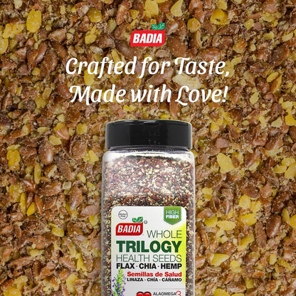 Badia Trilogy Health Seed, Flax, Chia, Hemp Seeds Blend, High Fiber Superfood Mix, Omega-3, 21 oz