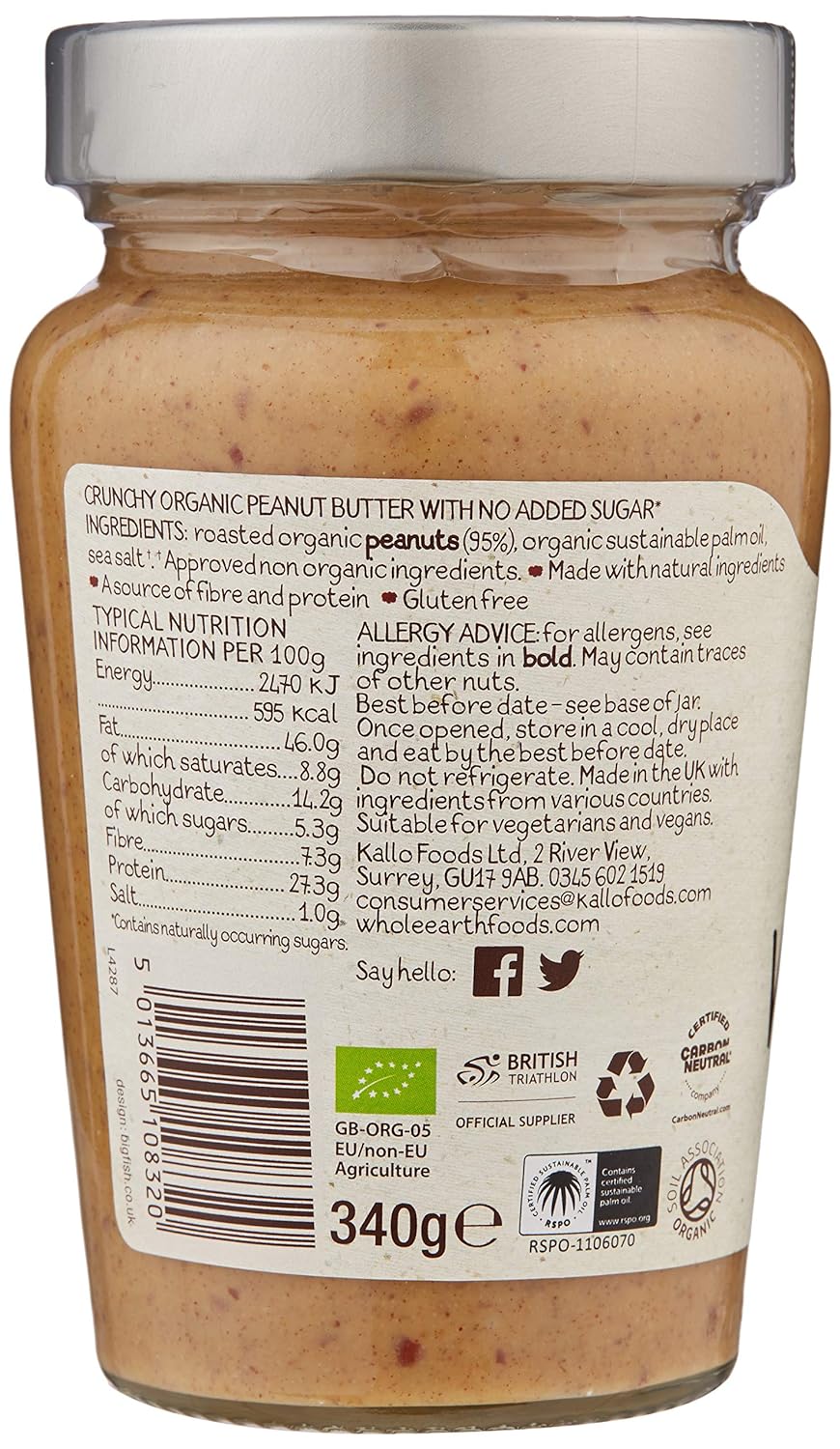 Whole Earth Crunchy Organic Peanut Butter, 340 g Jar, Original Nut Spread Made with All Natural Ingredients, No Added Sugar, Gluten Free, Vegetarian & Vegan Friendly