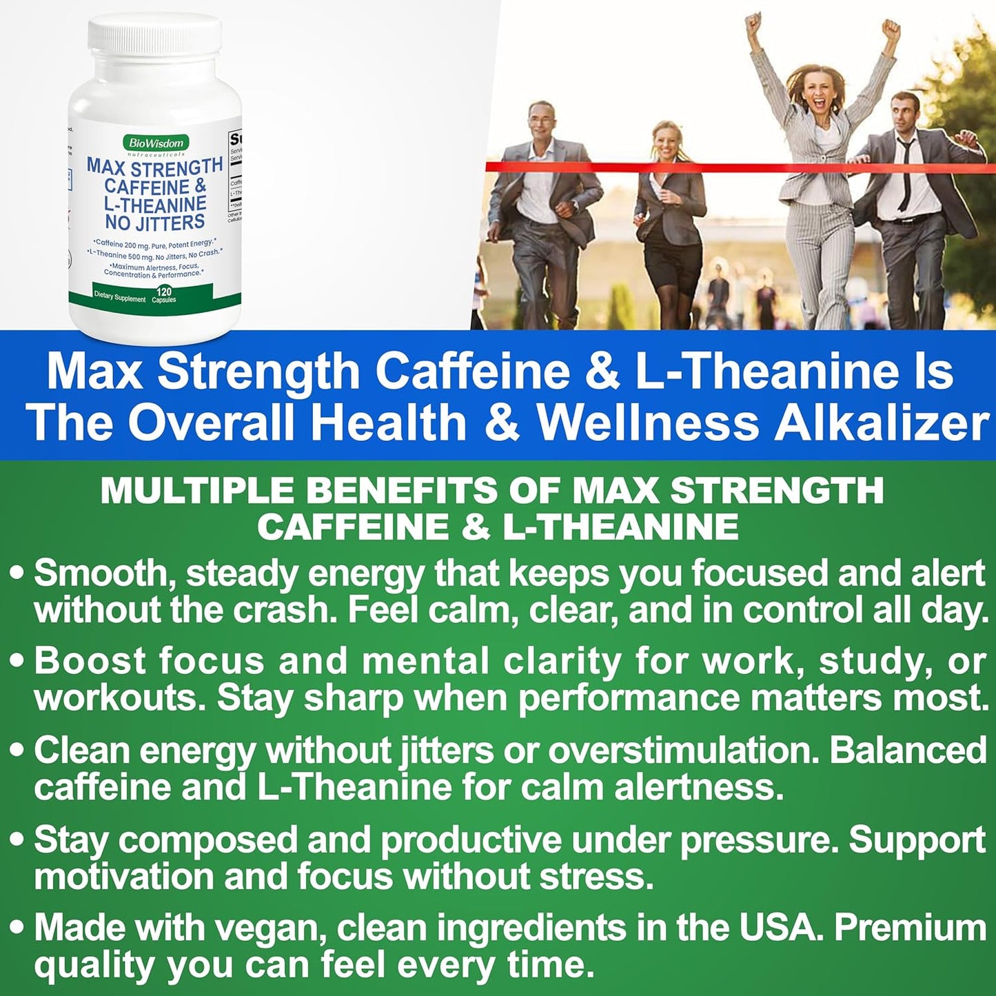Max Strength Caffeine L Theanine Pills (200mg/500mg) - No Jitters Peak Energy, Focus, Performance, Alertness - Caffeine Pills & L-Theanine Capsules, No Crash & Drowsiness, Potent Supplement.