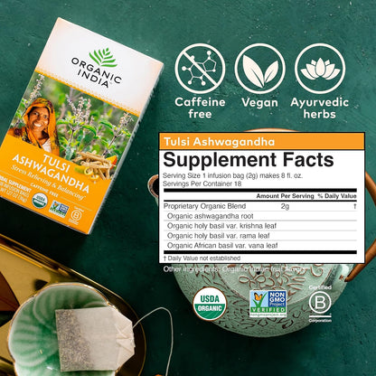 ORGANIC INDIA Tulsi Moringa Tea Bags - Holy Basil, Lemongrass, Moringa Leaves, Stress Relieving & Nourishing, Immune Support Tea, Vegan, Certified Organic, Caffeine-Free - 18 Infusion Bags, 6 Pack