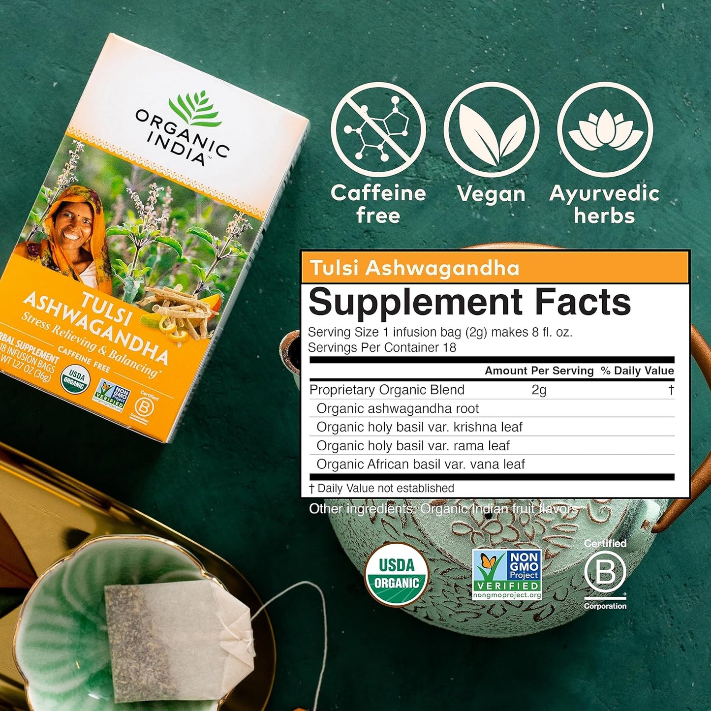 ORGANIC INDIA Tulsi Moringa Tea Bags - Holy Basil, Lemongrass, Moringa Leaves, Stress Relieving & Nourishing, Immune Support Tea, Vegan, Certified Organic, Caffeine-Free - 18 Infusion Bags, 6 Pack