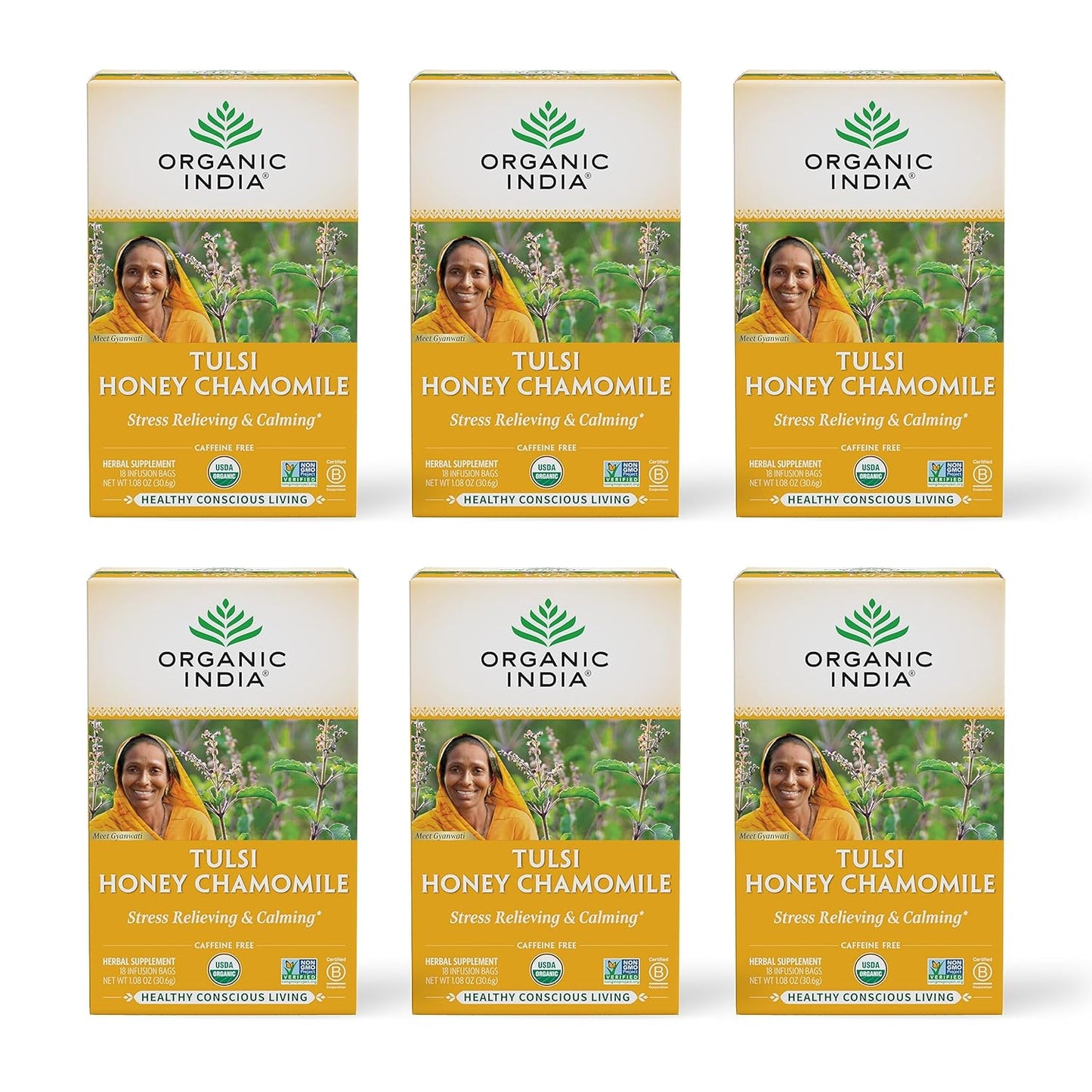 ORGANIC INDIA Tulsi Moringa Tea Bags - Holy Basil, Lemongrass, Moringa Leaves, Stress Relieving & Nourishing, Immune Support Tea, Vegan, Certified Organic, Caffeine-Free - 18 Infusion Bags, 6 Pack