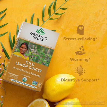 ORGANIC INDIA Tulsi Moringa Tea Bags - Holy Basil, Lemongrass, Moringa Leaves, Stress Relieving & Nourishing, Immune Support Tea, Vegan, Certified Organic, Caffeine-Free - 18 Infusion Bags, 6 Pack