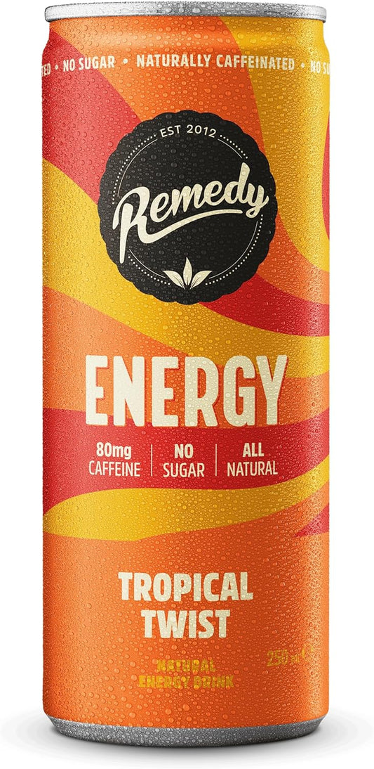 Remedy Natural Energy Drink - Tropical Twist - Natural Caffeine - Sugar Free & Low Calorie - Kombucha Energy Drink with Probiotics for Gut Health - 250ml