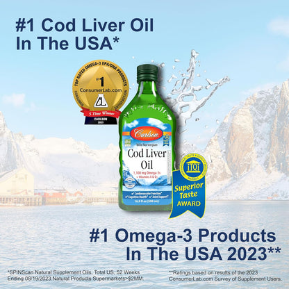 Carlson - Cod Liver Oil, 1100 mg Omega-3s, Plus Vitamins A and D3, Wild Caught Norwegian Arctic Cod Liver Oil, Sustainably Sourced Nordic Fish Oil Liquid, Unflavored, 250 mL (8.4 Fl Oz)