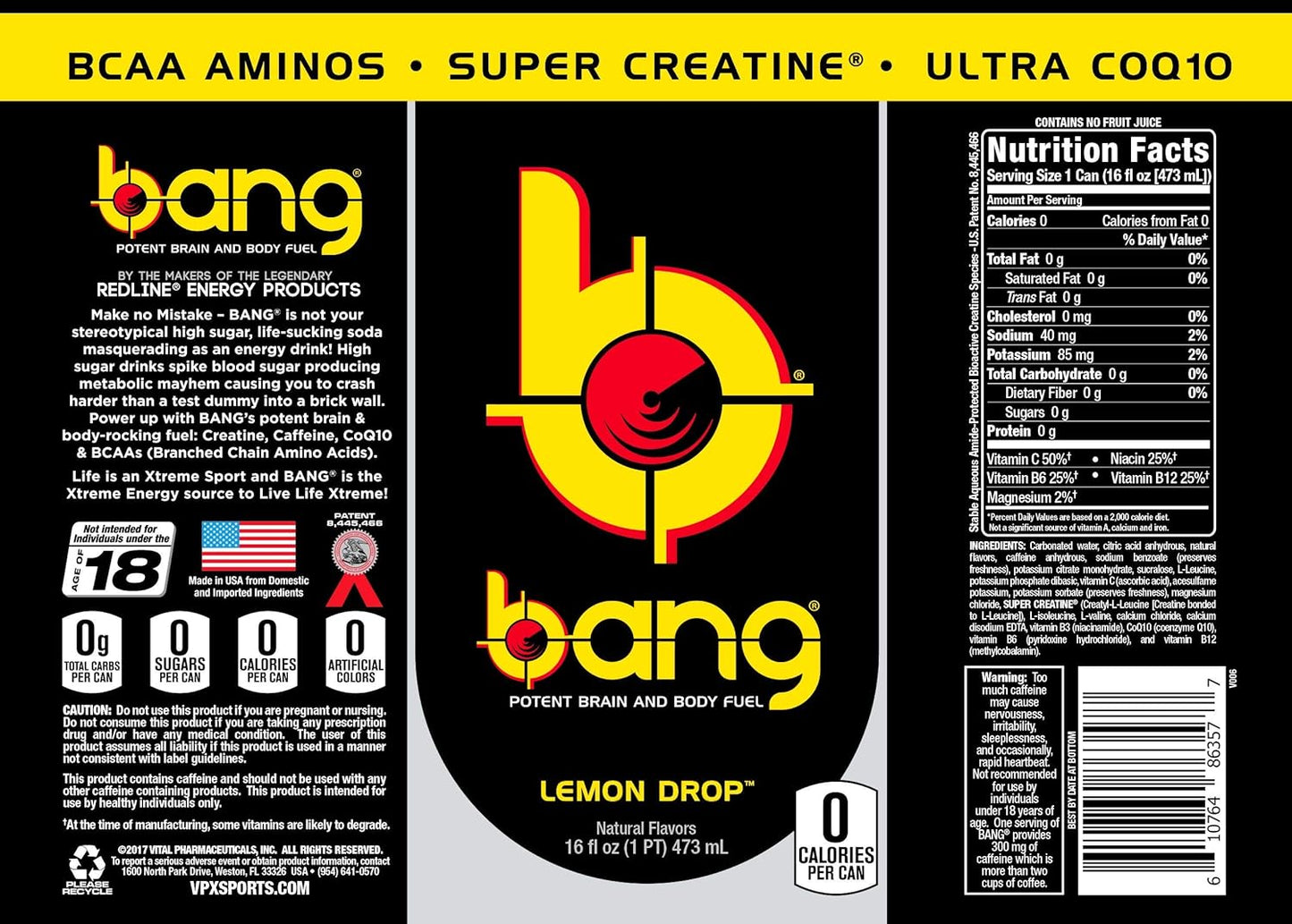 Bang Energy Nectarine Blueberry, Sugar-Free Energy Drink , 16-Ounce.