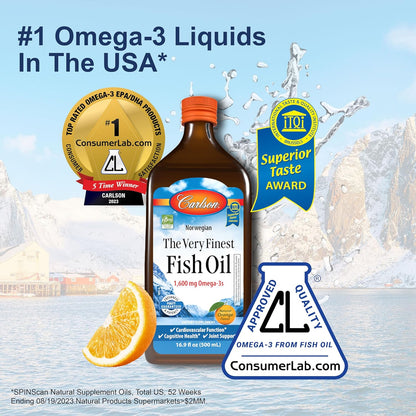 Carlson - Cod Liver Oil, 1100 mg Omega-3s, Plus Vitamins A and D3, Wild Caught Norwegian Arctic Cod Liver Oil, Sustainably Sourced Nordic Fish Oil Liquid, Unflavored, 250 mL (8.4 Fl Oz)