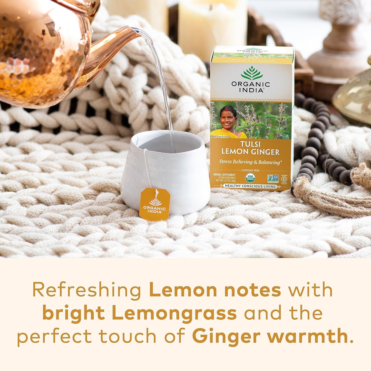 ORGANIC INDIA Tulsi Moringa Tea Bags - Holy Basil, Lemongrass, Moringa Leaves, Stress Relieving & Nourishing, Immune Support Tea, Vegan, Certified Organic, Caffeine-Free - 18 Infusion Bags, 6 Pack