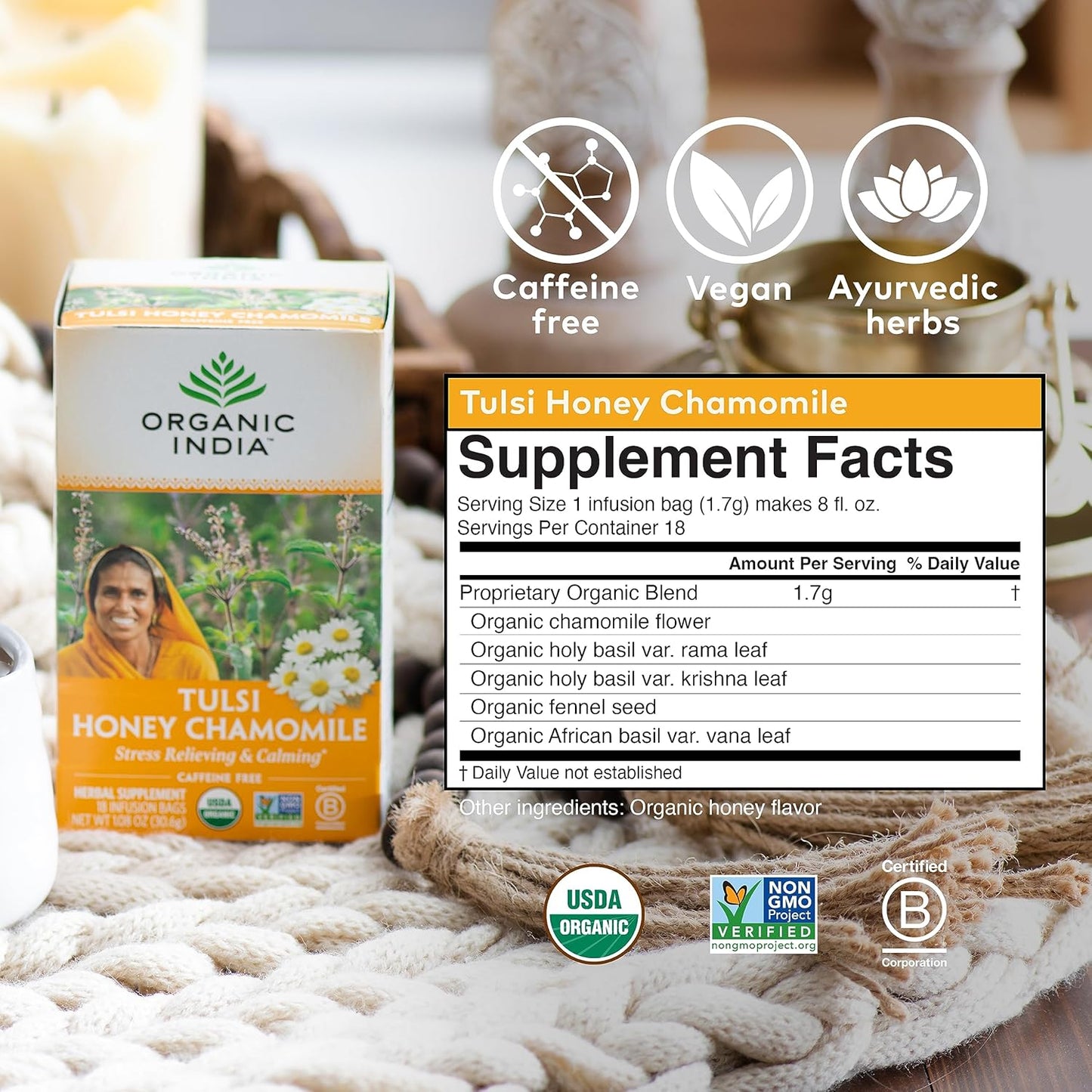 ORGANIC INDIA Tulsi Moringa Tea Bags - Holy Basil, Lemongrass, Moringa Leaves, Stress Relieving & Nourishing, Immune Support Tea, Vegan, Certified Organic, Caffeine-Free - 18 Infusion Bags, 6 Pack