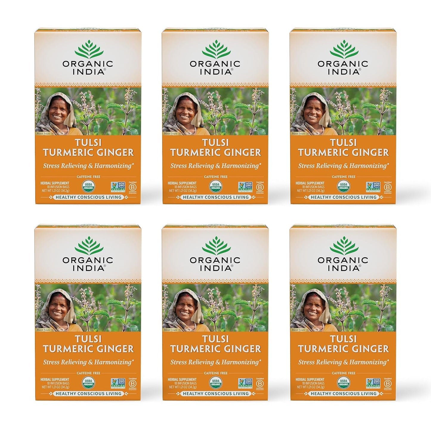 ORGANIC INDIA Tulsi Moringa Tea Bags - Holy Basil, Lemongrass, Moringa Leaves, Stress Relieving & Nourishing, Immune Support Tea, Vegan, Certified Organic, Caffeine-Free - 18 Infusion Bags, 6 Pack