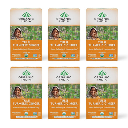 ORGANIC INDIA Tulsi Moringa Tea Bags - Holy Basil, Lemongrass, Moringa Leaves, Stress Relieving & Nourishing, Immune Support Tea, Vegan, Certified Organic, Caffeine-Free - 18 Infusion Bags, 6 Pack