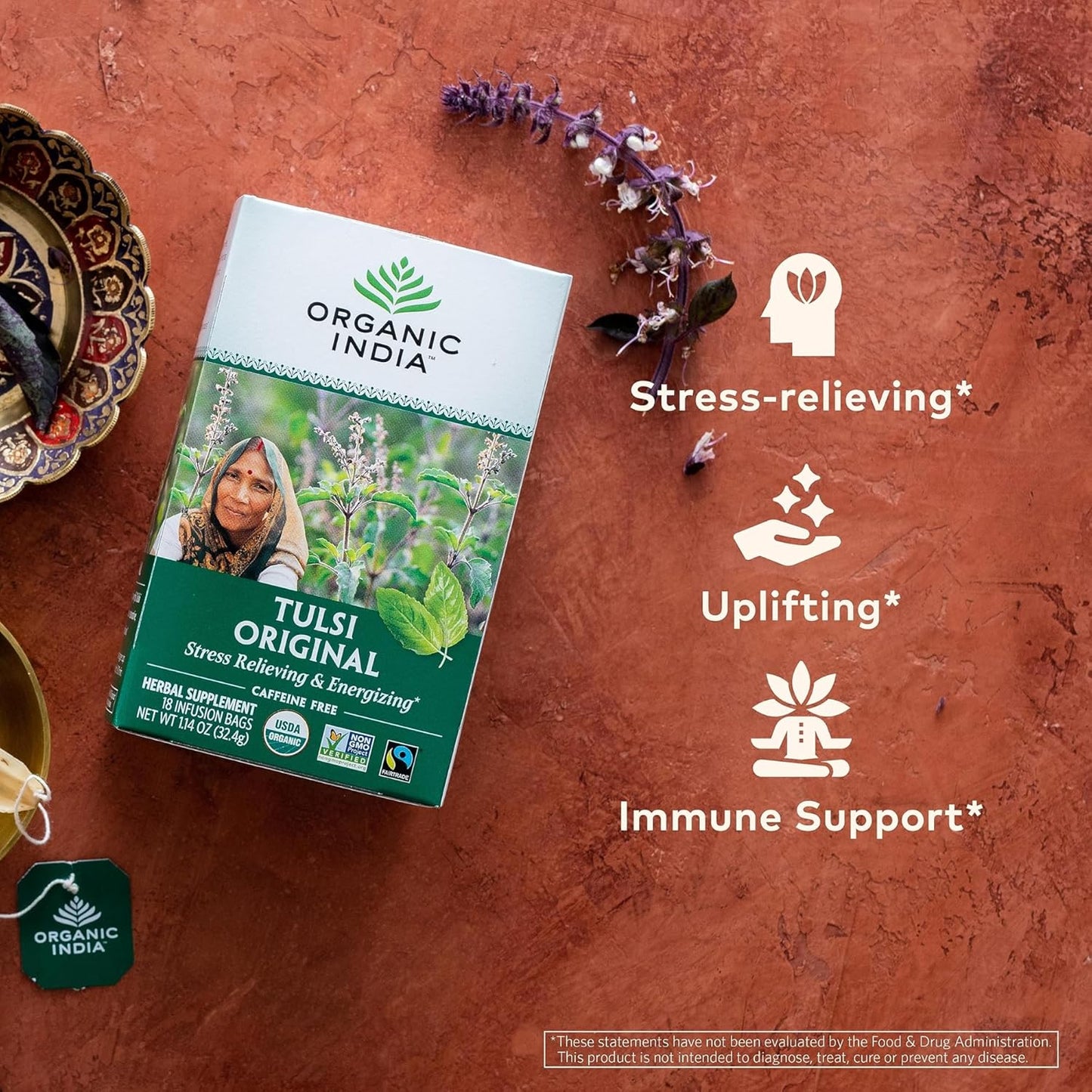 ORGANIC INDIA Tulsi Moringa Tea Bags - Holy Basil, Lemongrass, Moringa Leaves, Stress Relieving & Nourishing, Immune Support Tea, Vegan, Certified Organic, Caffeine-Free - 18 Infusion Bags, 6 Pack
