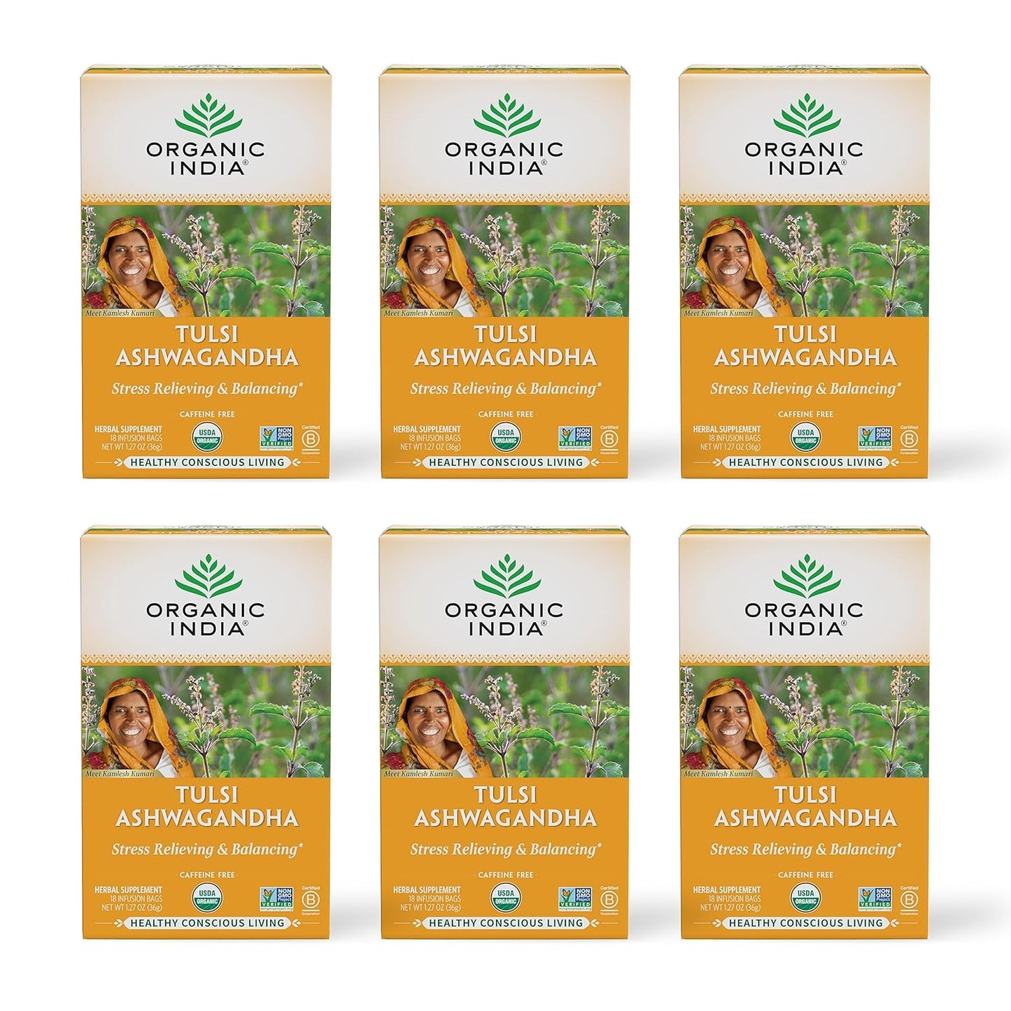 ORGANIC INDIA Tulsi Moringa Tea Bags - Holy Basil, Lemongrass, Moringa Leaves, Stress Relieving & Nourishing, Immune Support Tea, Vegan, Certified Organic, Caffeine-Free - 18 Infusion Bags, 6 Pack