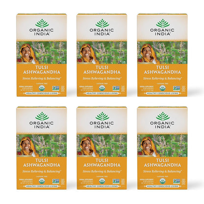 ORGANIC INDIA Tulsi Moringa Tea Bags - Holy Basil, Lemongrass, Moringa Leaves, Stress Relieving & Nourishing, Immune Support Tea, Vegan, Certified Organic, Caffeine-Free - 18 Infusion Bags, 6 Pack