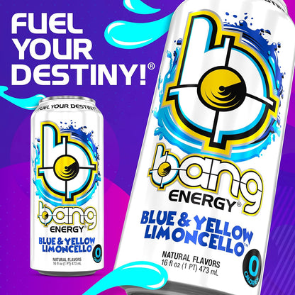 Bang Energy Blue and Yellow Limoncello, 0 Calories, Sugar Free with Super Creatine, 16oz Cans - Blue and Yellow Limoncello Bang Energy drinks 16 oz. Cans) – With Queen Jax Fridge Magnet - Exclusive Flavor! Zero Calories