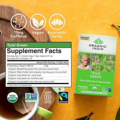 ORGANIC INDIA Tulsi Moringa Tea Bags - Holy Basil, Lemongrass, Moringa Leaves, Stress Relieving & Nourishing, Immune Support Tea, Vegan, Certified Organic, Caffeine-Free - 18 Infusion Bags, 6 Pack
