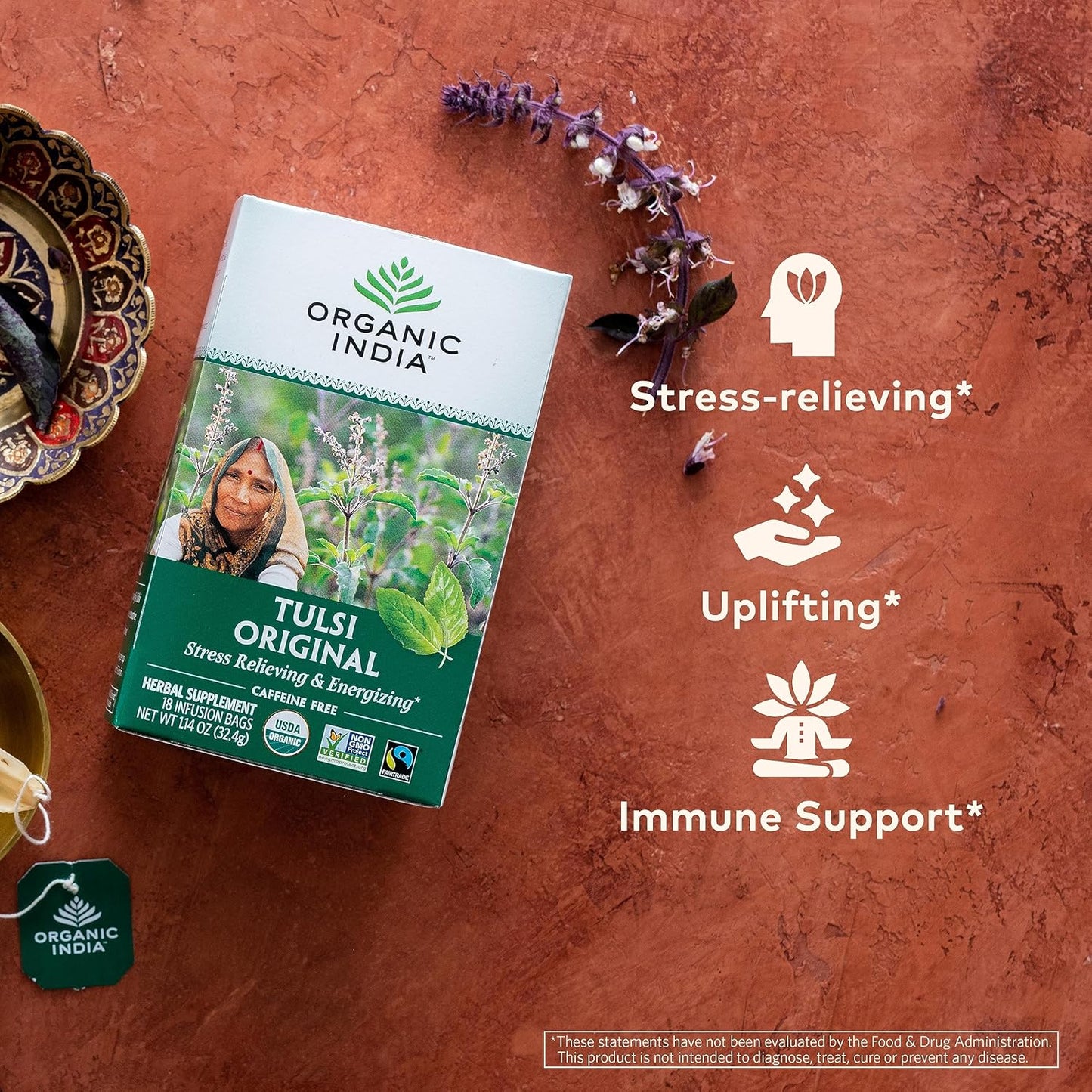 ORGANIC INDIA Tulsi Moringa Tea Bags - Holy Basil, Lemongrass, Moringa Leaves, Stress Relieving & Nourishing, Immune Support Tea, Vegan, Certified Organic, Caffeine-Free - 18 Infusion Bags, 6 Pack