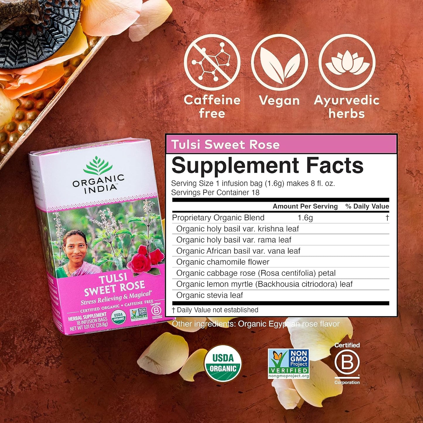 ORGANIC INDIA Tulsi Moringa Tea Bags - Holy Basil, Lemongrass, Moringa Leaves, Stress Relieving & Nourishing, Immune Support Tea, Vegan, Certified Organic, Caffeine-Free - 18 Infusion Bags, 6 Pack