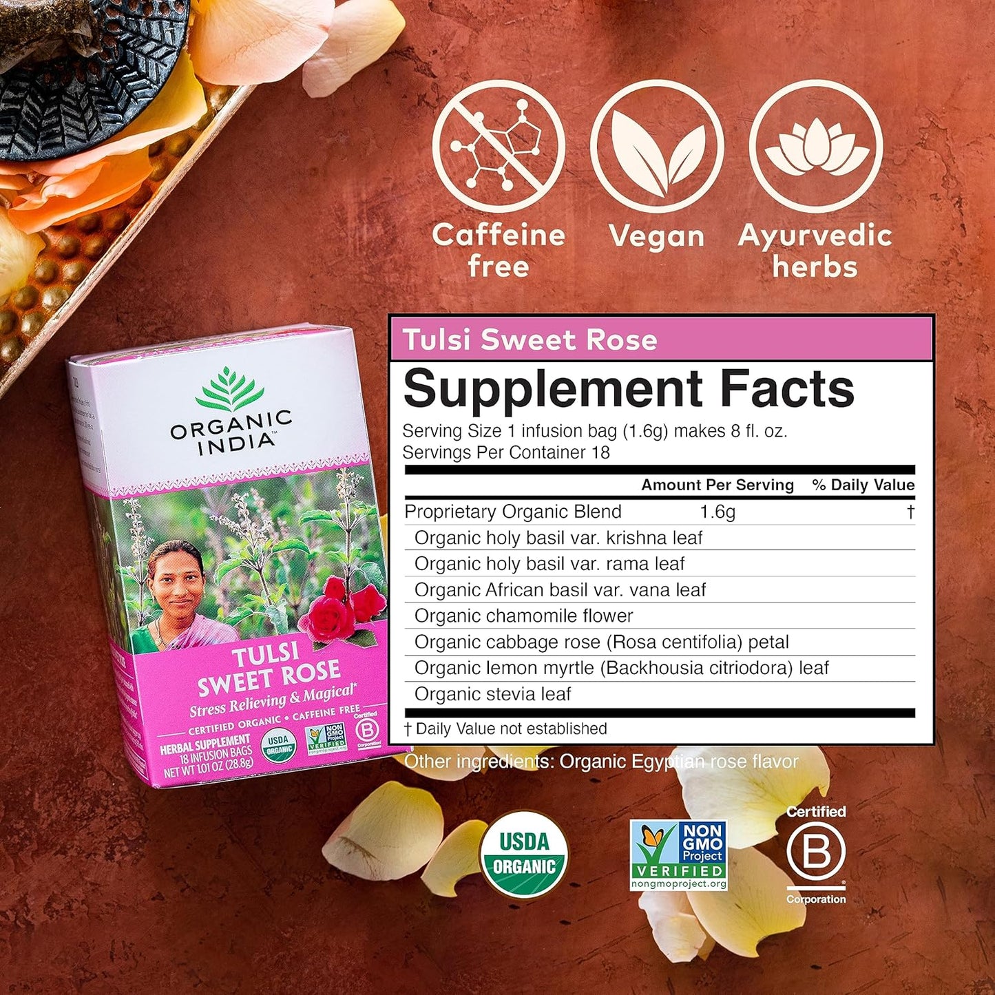 ORGANIC INDIA Tulsi Moringa Tea Bags - Holy Basil, Lemongrass, Moringa Leaves, Stress Relieving & Nourishing, Immune Support Tea, Vegan, Certified Organic, Caffeine-Free - 18 Infusion Bags, 6 Pack