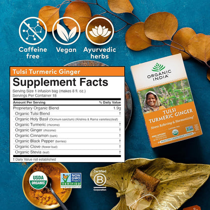 ORGANIC INDIA Tulsi Moringa Tea Bags - Holy Basil, Lemongrass, Moringa Leaves, Stress Relieving & Nourishing, Immune Support Tea, Vegan, Certified Organic, Caffeine-Free - 18 Infusion Bags, 6 Pack