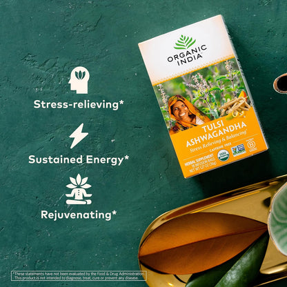 ORGANIC INDIA Tulsi Moringa Tea Bags - Holy Basil, Lemongrass, Moringa Leaves, Stress Relieving & Nourishing, Immune Support Tea, Vegan, Certified Organic, Caffeine-Free - 18 Infusion Bags, 6 Pack