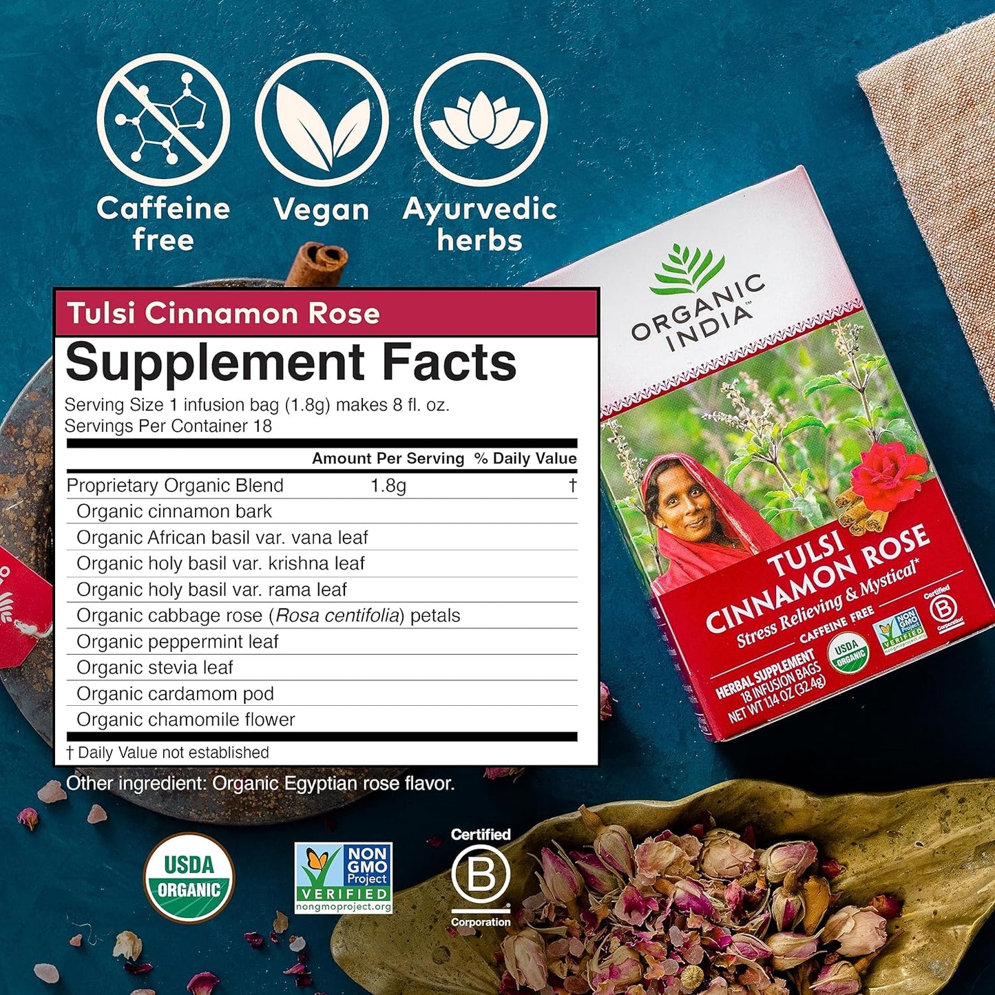 ORGANIC INDIA Tulsi Moringa Tea Bags - Holy Basil, Lemongrass, Moringa Leaves, Stress Relieving & Nourishing, Immune Support Tea, Vegan, Certified Organic, Caffeine-Free - 18 Infusion Bags, 6 Pack