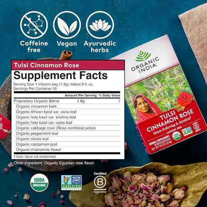 ORGANIC INDIA Tulsi Moringa Tea Bags - Holy Basil, Lemongrass, Moringa Leaves, Stress Relieving & Nourishing, Immune Support Tea, Vegan, Certified Organic, Caffeine-Free - 18 Infusion Bags, 6 Pack