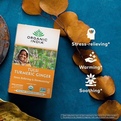 ORGANIC INDIA Tulsi Moringa Tea Bags - Holy Basil, Lemongrass, Moringa Leaves, Stress Relieving & Nourishing, Immune Support Tea, Vegan, Certified Organic, Caffeine-Free - 18 Infusion Bags, 6 Pack
