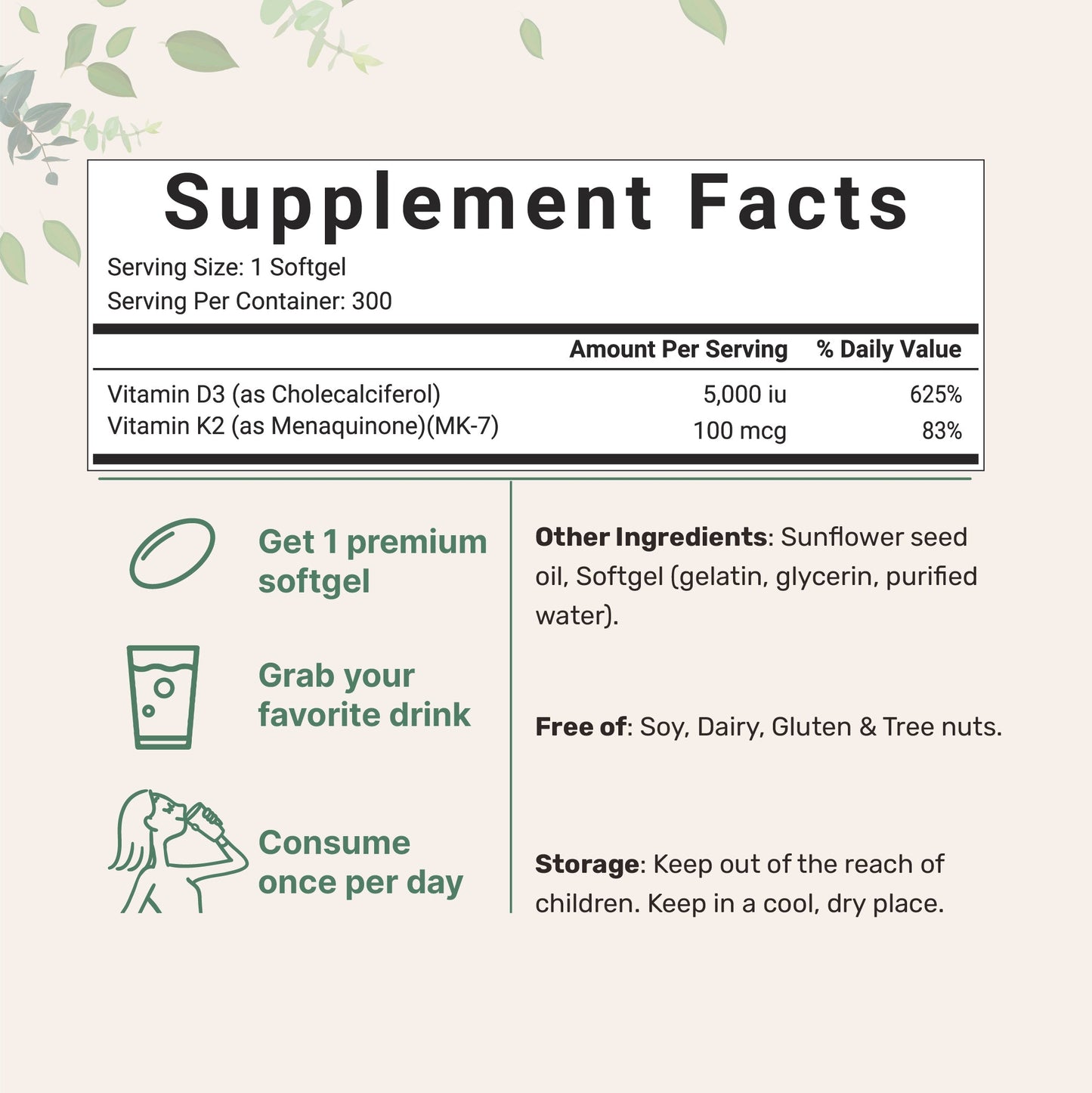 Micro Ingredients Vitamin D3 K2 300 Softgels 5000IU