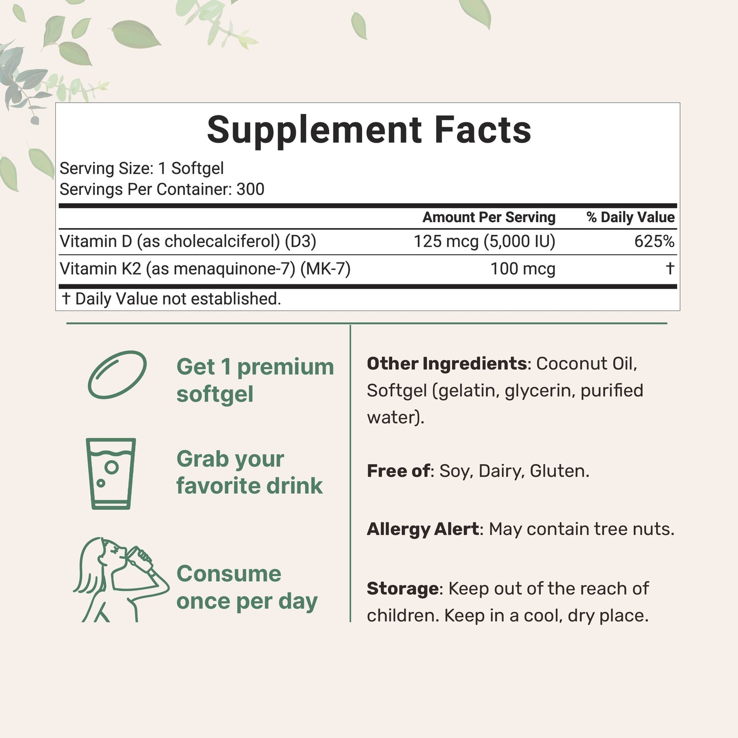 Micro Ingredients Vitamin D3 K2 5000IU /2000IU / 1000IU, Infused with Virgin Coconut Oil, 300 Softgels