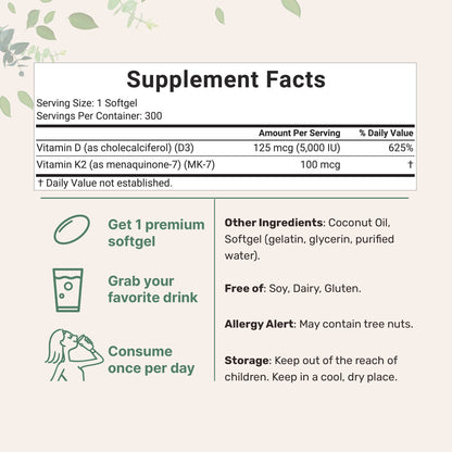 Micro Ingredients Vitamin D3 K2 5000IU /2000IU / 1000IU, Infused with Virgin Coconut Oil, 300 Softgels