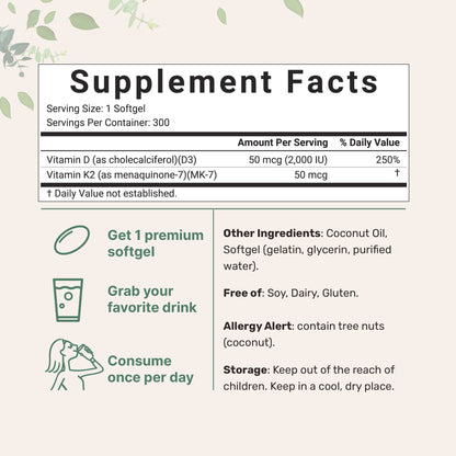 Micro Ingredients Vitamin D3 K2 5000IU /2000IU / 1000IU, Infused with Virgin Coconut Oil, 300 Softgels