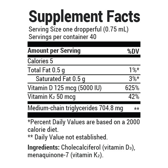 Vitamin D3 and K2 Liquid with MCT Oil – Unflavored – 1 fl oz