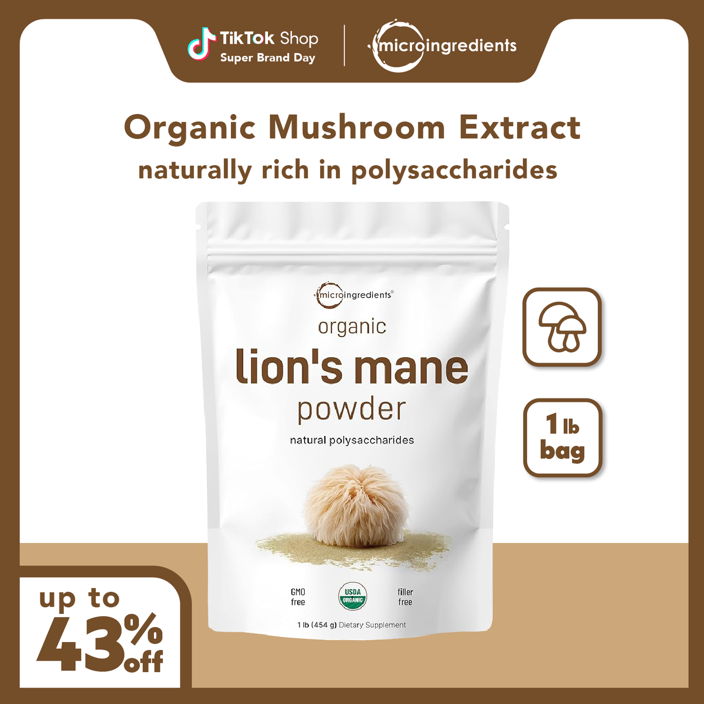 Micro Ingredients Organic Lions Mane Mushroom Supplement Powder 1lb