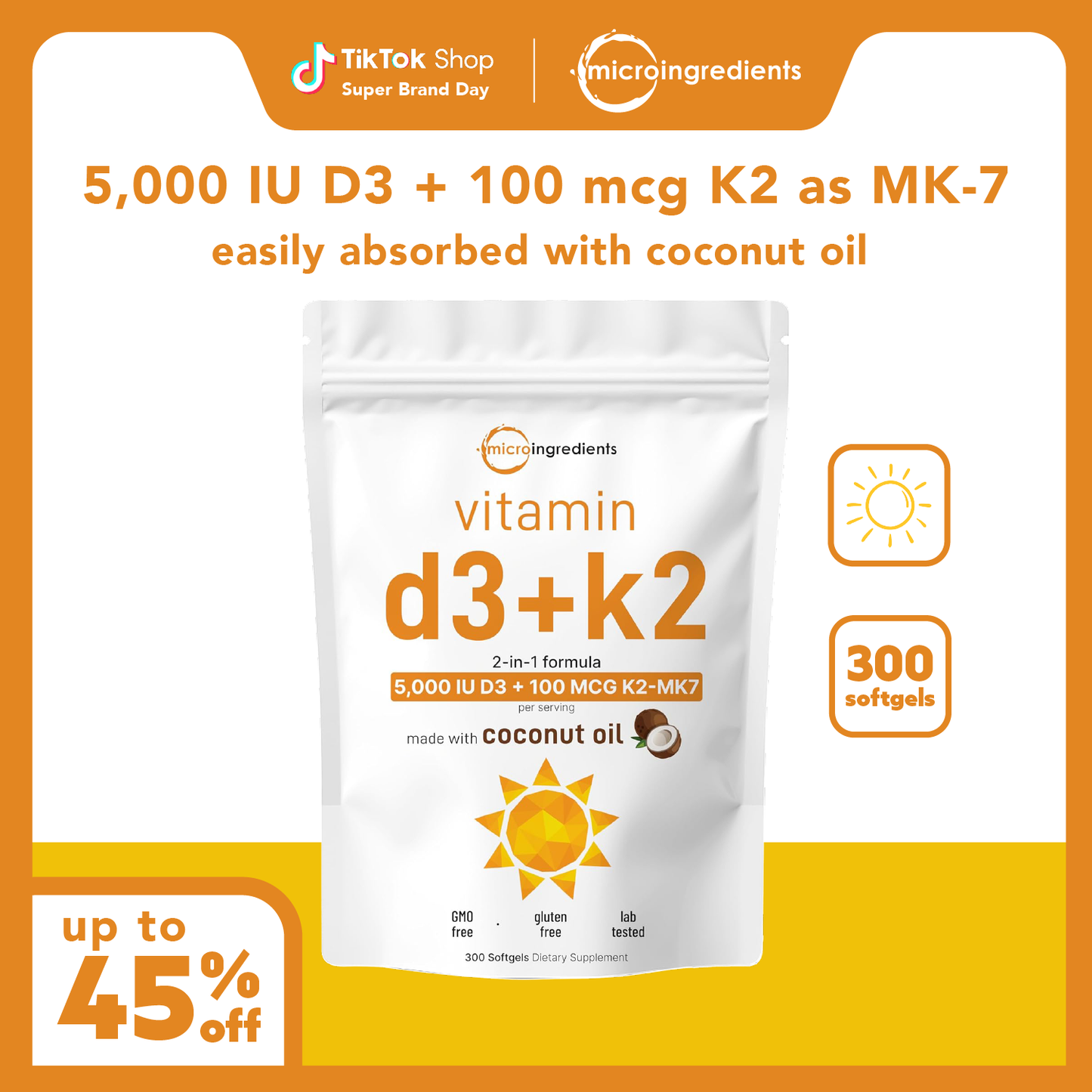 Micro Ingredients Vitamin D3 K2 5000IU /2000IU / 1000IU, Infused with Virgin Coconut Oil, 300 Softgels