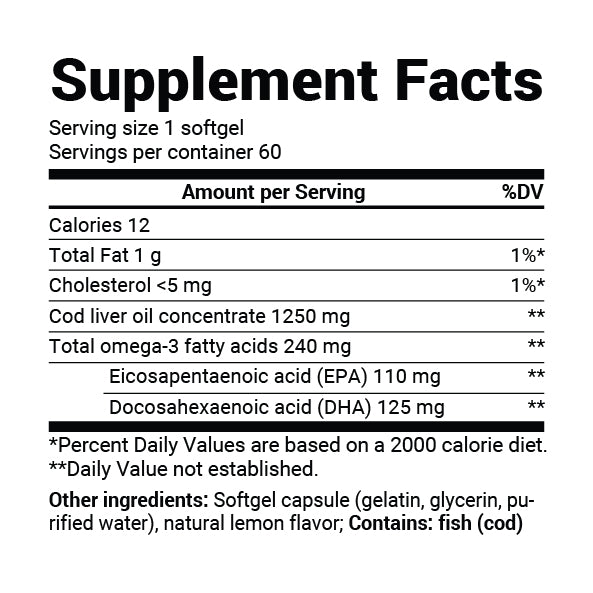 Wild-Caught Omega-3 Cod Liver Fish Oil DHA EPA – 60 Softgels