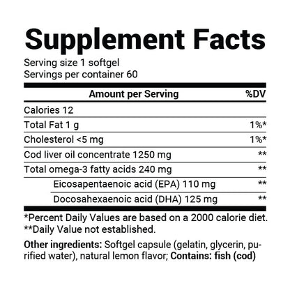 Wild-Caught Omega-3 Cod Liver Fish Oil DHA EPA – 60 Softgels