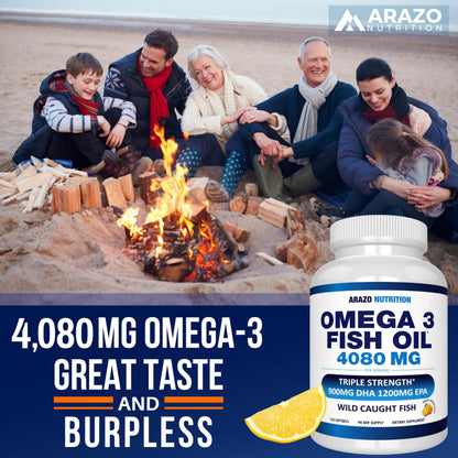 Arazo Nutrition Wild Caught Omega-3 Fish Oil Concentrate – 4,080mg per Serving | High EPA 1,200mg & DHA 900mg | 120 Burpless Lemon Softgels