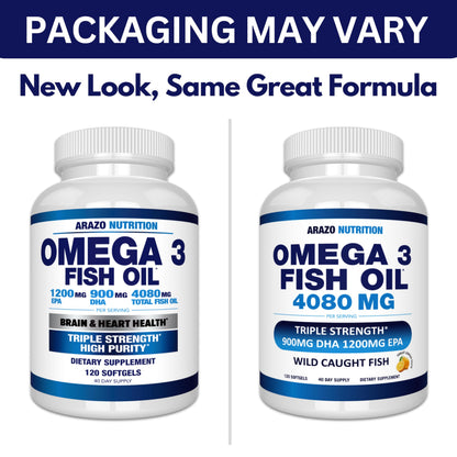 Arazo Nutrition Wild Caught Omega-3 Fish Oil Concentrate – 4,080mg per Serving | High EPA 1,200mg & DHA 900mg | 120 Burpless Lemon Softgels