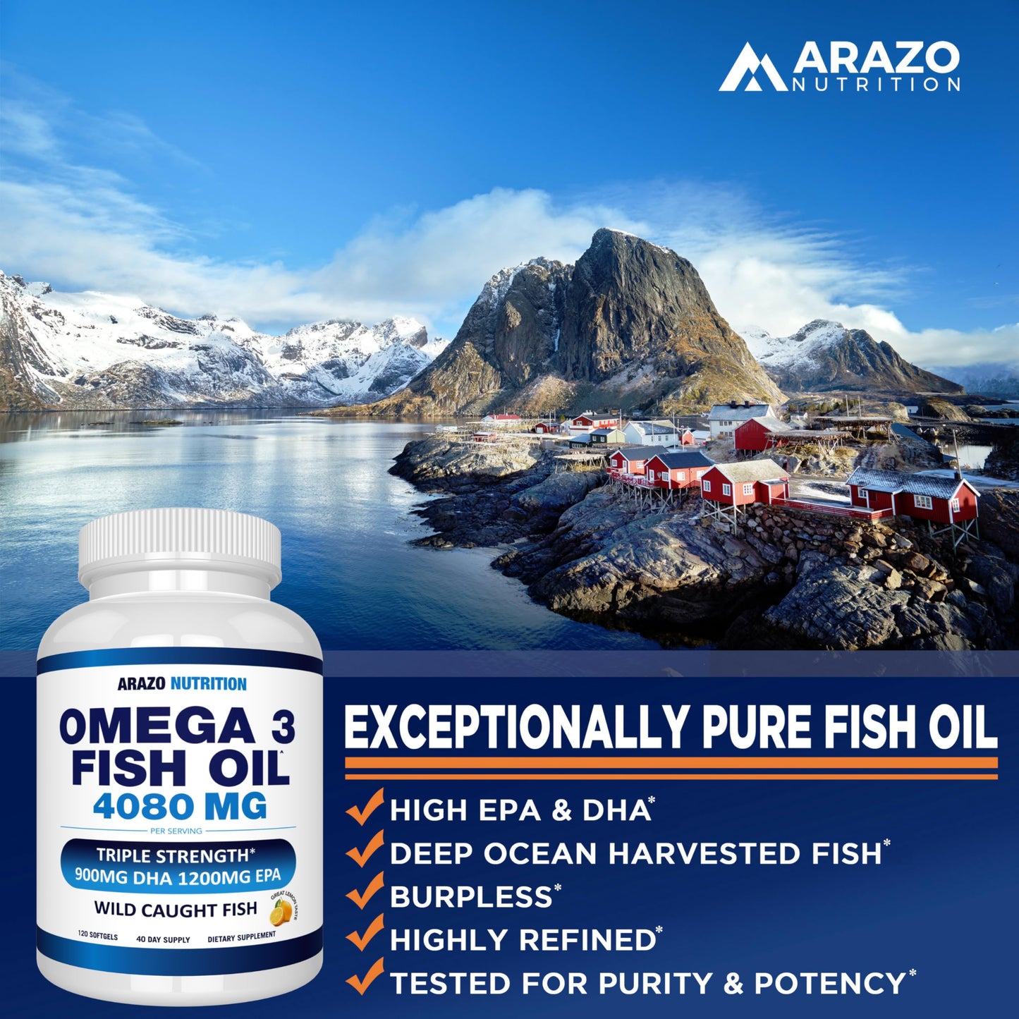Arazo Nutrition Wild Caught Omega-3 Fish Oil Concentrate – 4,080mg per Serving | High EPA 1,200mg & DHA 900mg | 120 Burpless Lemon Softgels