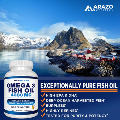 Arazo Nutrition Wild Caught Omega-3 Fish Oil Concentrate – 4,080mg per Serving | High EPA 1,200mg & DHA 900mg | 120 Burpless Lemon Softgels