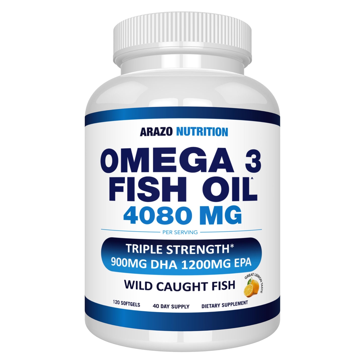 Arazo Nutrition Wild Caught Omega-3 Fish Oil Concentrate – 4,080mg per Serving | High EPA 1,200mg & DHA 900mg | 120 Burpless Lemon Softgels