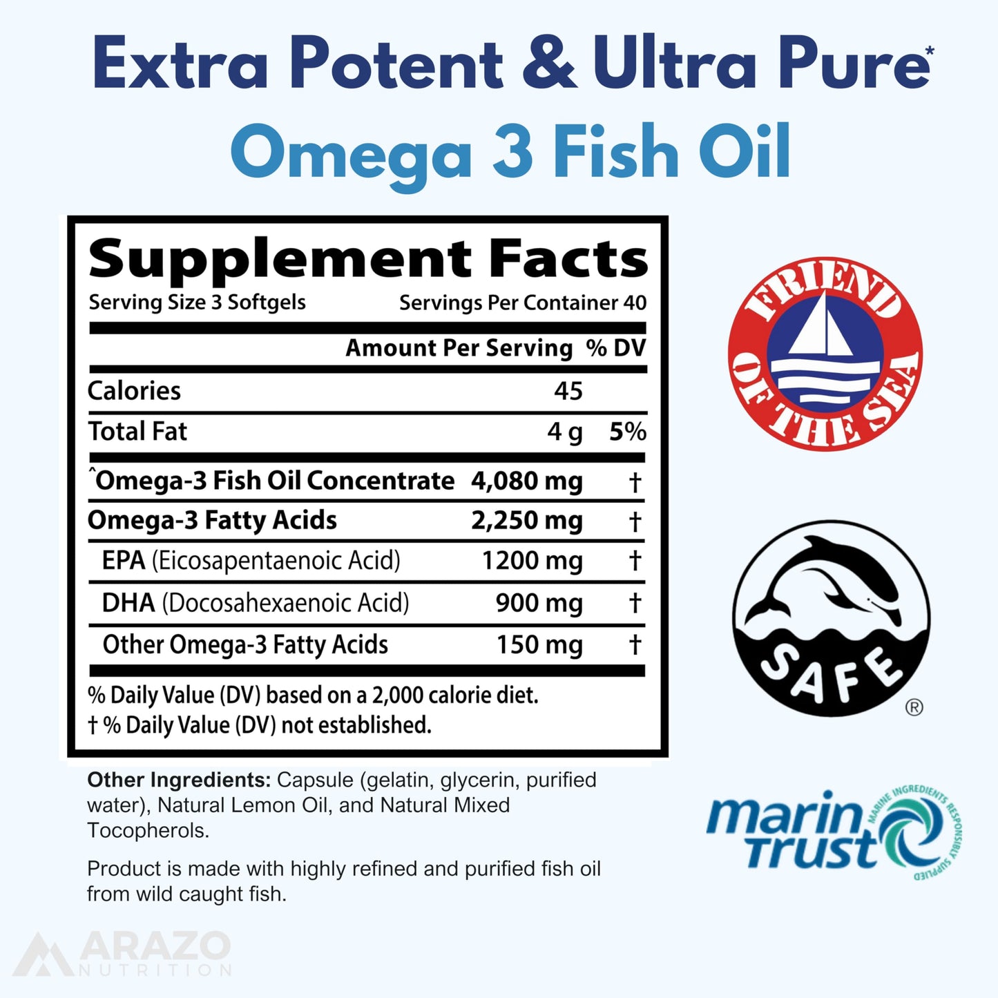 Arazo Nutrition Wild Caught Omega-3 Fish Oil Concentrate – 4,080mg per Serving | High EPA 1,200mg & DHA 900mg | 120 Burpless Lemon Softgels