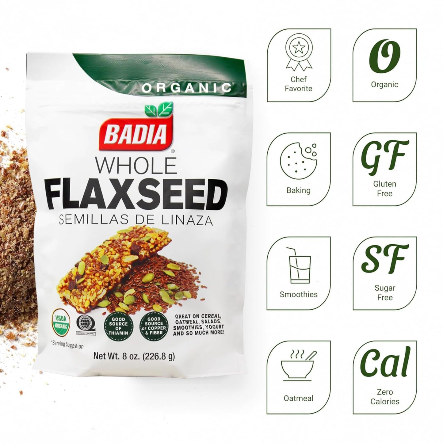 Badia Organic Flax Seed Whole, 8 oz – Resealable Bag, Omega-3 & Fiber Rich Superfood