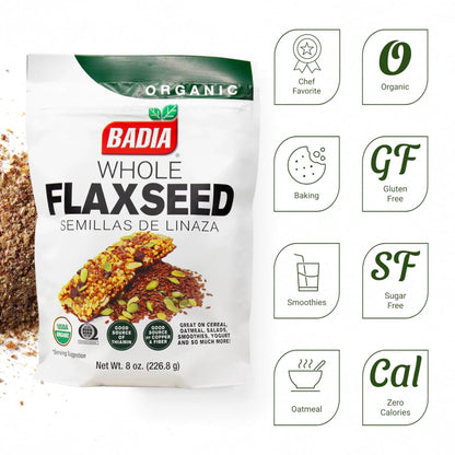 Badia Organic Flax Seed Whole, 8 oz – Resealable Bag, Omega-3 & Fiber Rich Superfood