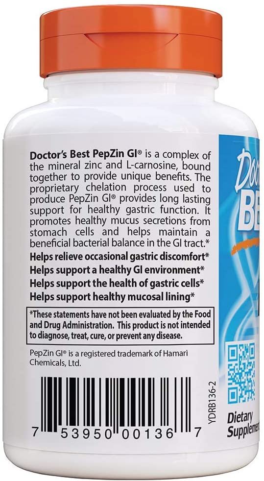 Doctor's Best PepZin GI - 120 vcaps | Zinc-L-Carnosine Complex