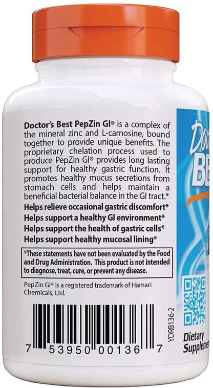 Doctor's Best PepZin GI - 120 vcaps | Zinc-L-Carnosine Complex