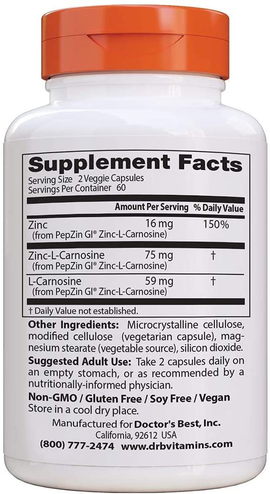 Doctor's Best PepZin GI - 120 vcaps | Zinc-L-Carnosine Complex