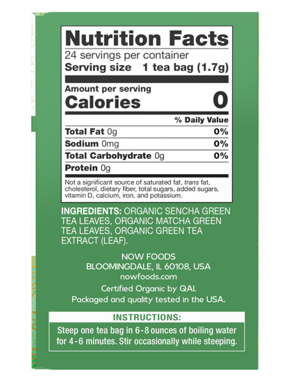 NOW Green Kick, Sencha and Matcha Green Tea Bags 24 tea bags